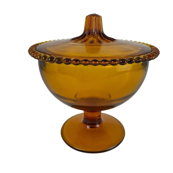 Indiana Glass Amber Vintage 60s Retro Beaded Edge Compote Lid Covered Candy Dish - Picture 8 of 11